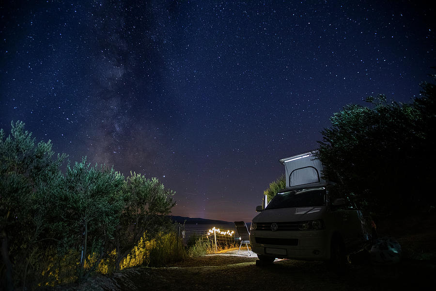 Camping In Brac With Campervan Vw Bus At Night Under Milky Way, Brac ...