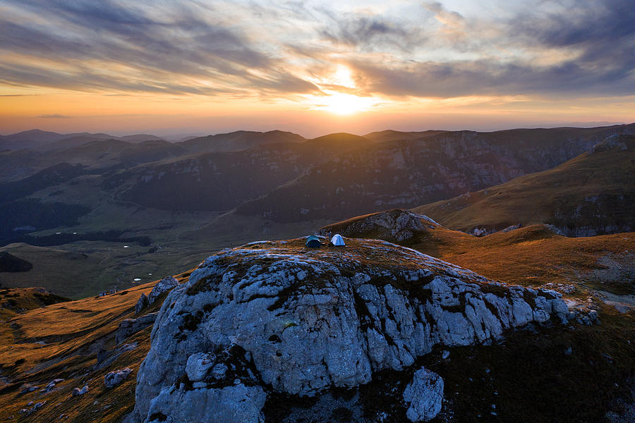 Camping On A Big Cliff Watching The Sunset On A Beautiful Autumn Day ...