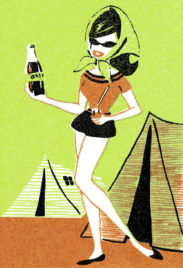 Vintage Drawing - Camping woman with soda by CSA Images