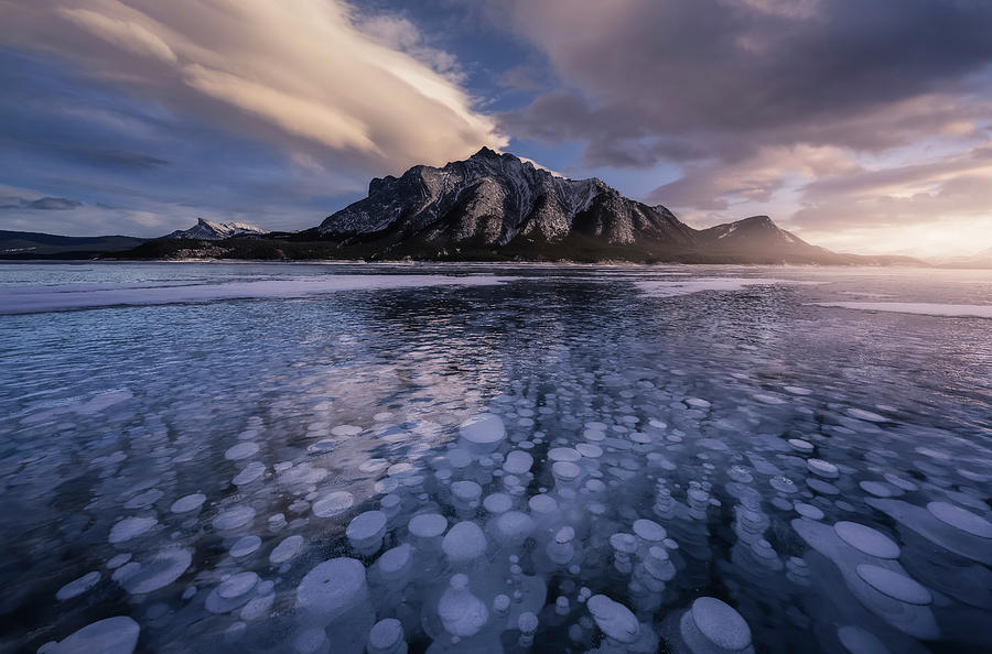 Canada, Alberta, Banff National Park, Sunset At Abraham Lake With Icy Bubbles, Canadian Rockies Landscape Digital Art by Luca Benini