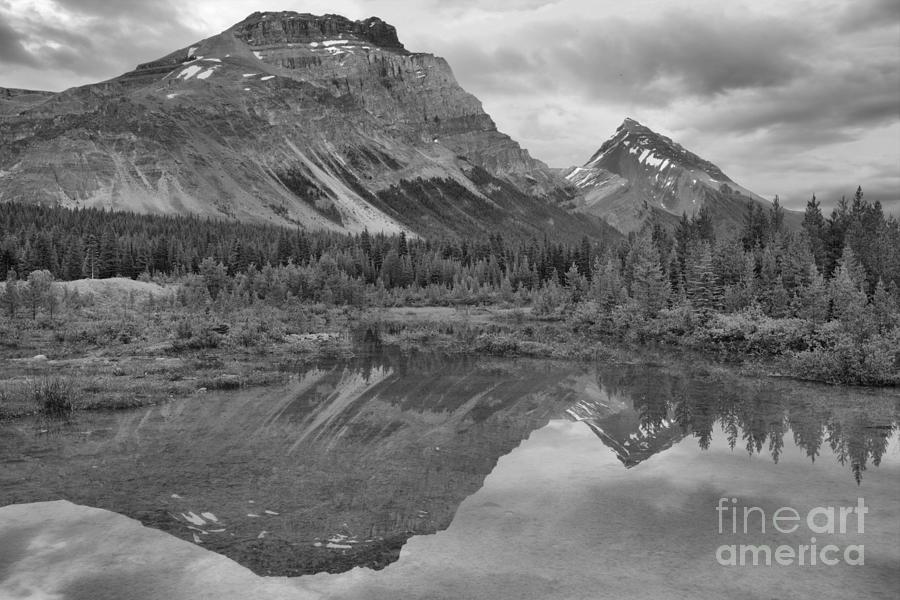 Canadian Rockies Twin Sunset Peaks Black And White Photograph by Adam Jewell