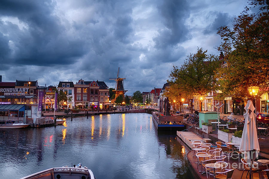 Canal and Windmill in Leiden at Night Photograph by George Oze
