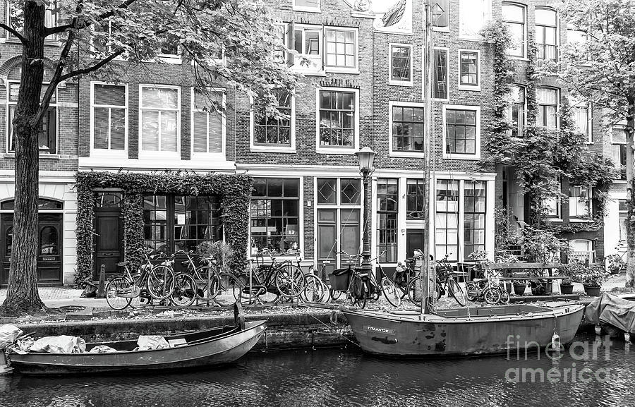Canal Boats in Amsterdam Monochrome Photograph by John Rizzuto
