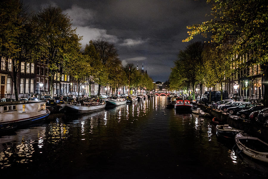 Architecture Digital Art - Canals Of Amsterdam At Night, Netherlands by Rosanna U