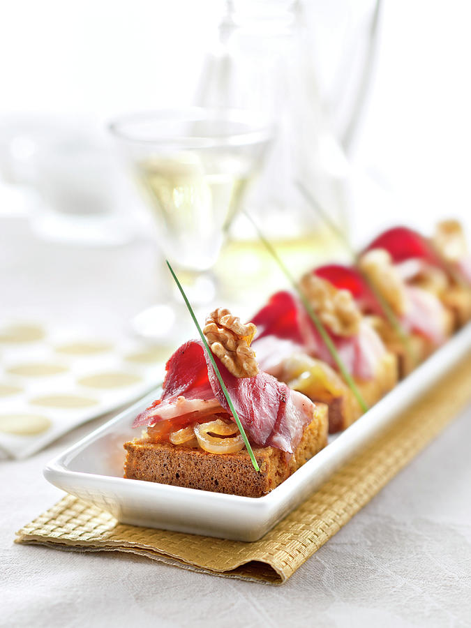 Duck Photograph - Canapes De Pain Depice a La Compotee Doignons, Magret Fume Et Noix Gingerbread Canapes With Onion Compote, Smoked Duck Breast And Walnuts by Studio - Photocuisine