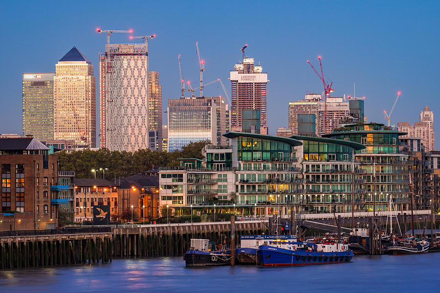 Canary Wharf In London, England, Seen From Tower Bridge At Blue Hour. Photograph