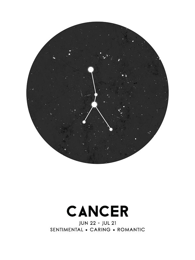 Black And White Mixed Media - Cancer Poster - Zodiac Sign Print - Zodiac Poster - Cancer Print - Night Sky - Stars - Cancer Traits by Studio Grafiikka