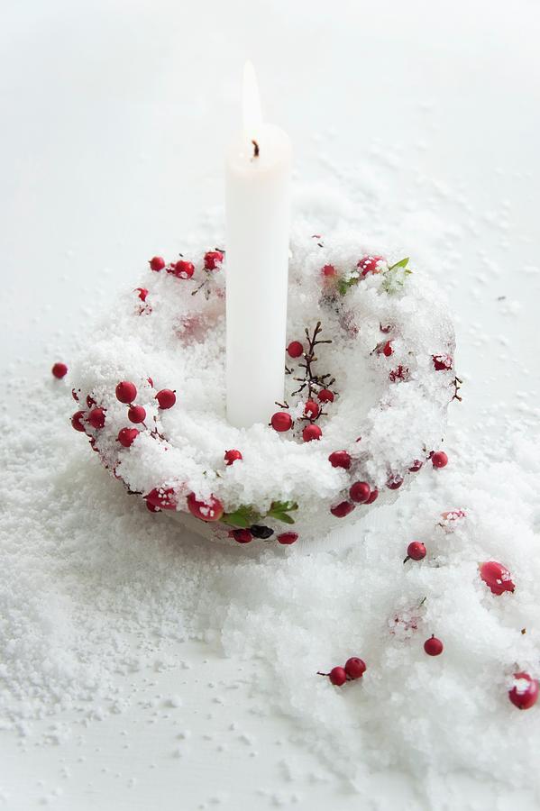 Candle Holder Made Of Ice & Berries With White Candle Photograph by Martina Schindler