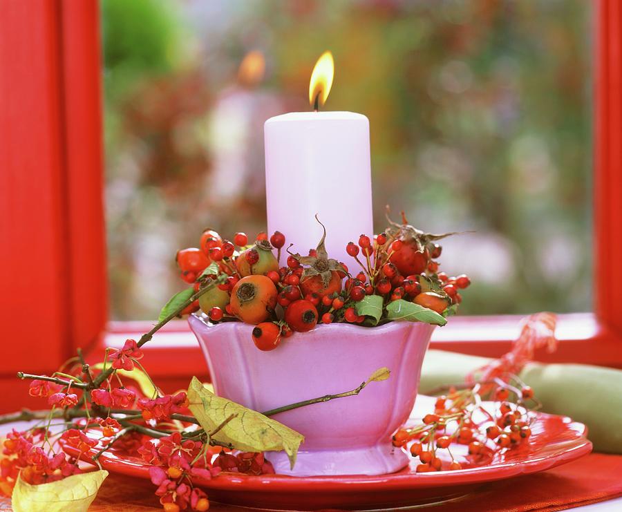 Candle Holder With Rose Hips And Spindle Berries Photograph by Friedrich Strauss