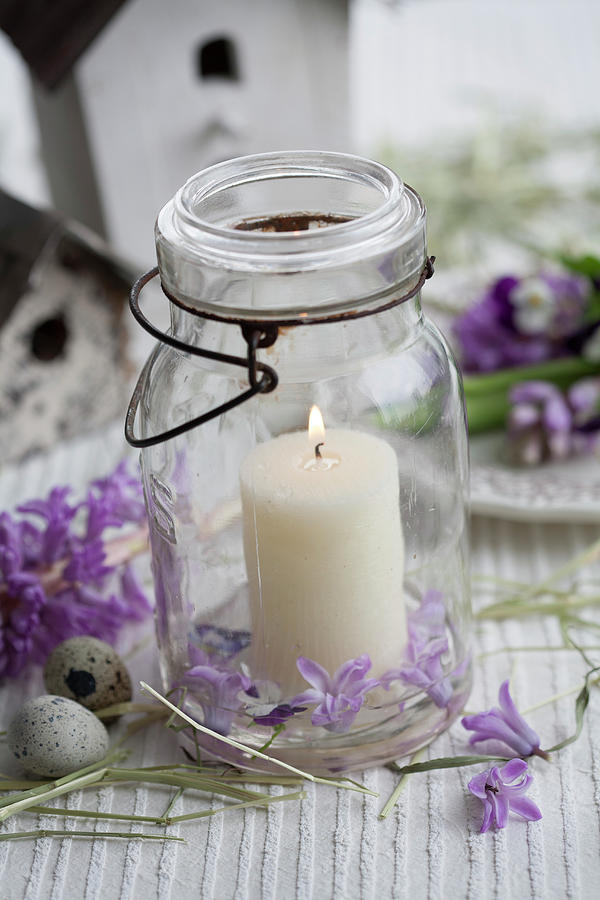 Candle In Mason Jar, Hyacinths And Quail Eggs Photograph by Martina Schindler