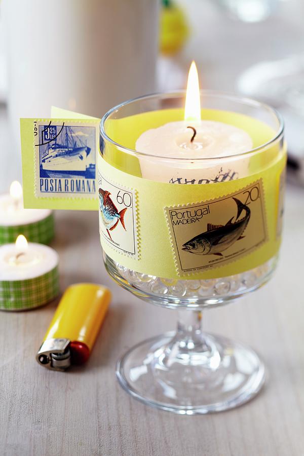Candle Lantern Decorated With Postage Stamps Photograph by Franziska Taube
