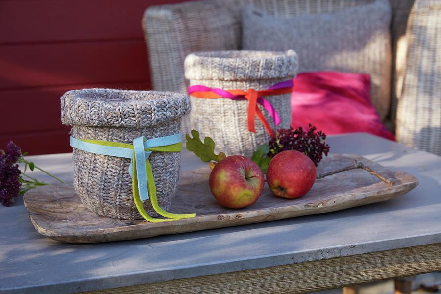 Candle Lanterns With Knitted Covers And Apples On Wooden Tray Photograph by Greenhaus Press