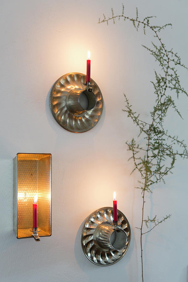 Candle Sconces Made From Old Cake Tins And Candles On Candle Clips Photograph by Iris Wolf