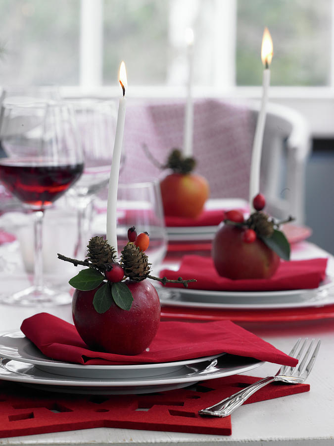 Candles And Small Arrangements On Apples On Set Table Photograph by Medri - Szczepaniak