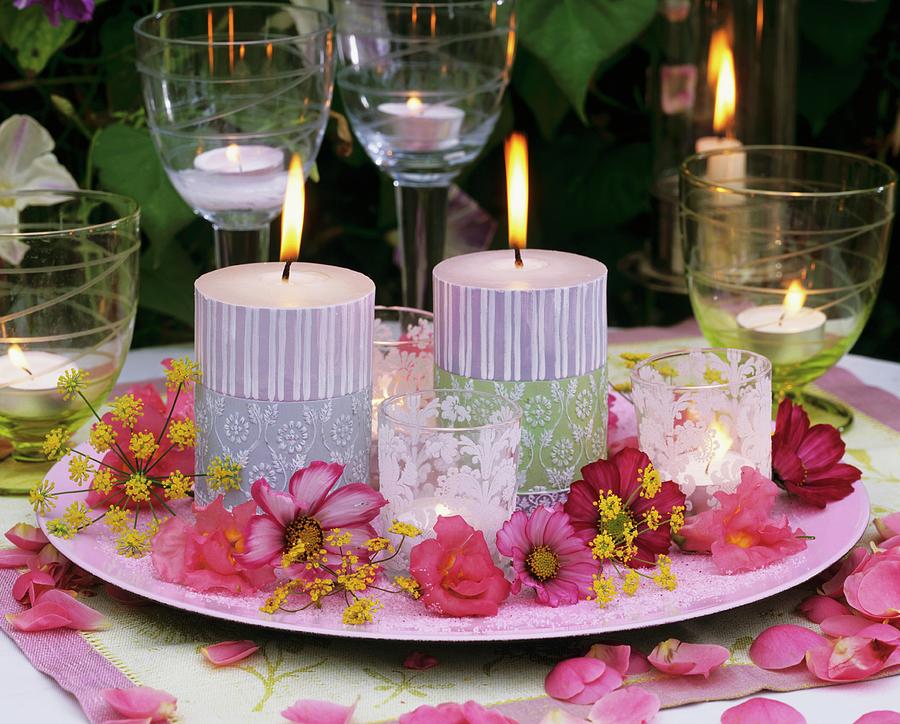 Candles, Windlights And Flowers On Plate Photograph by Strauss, Friedrich