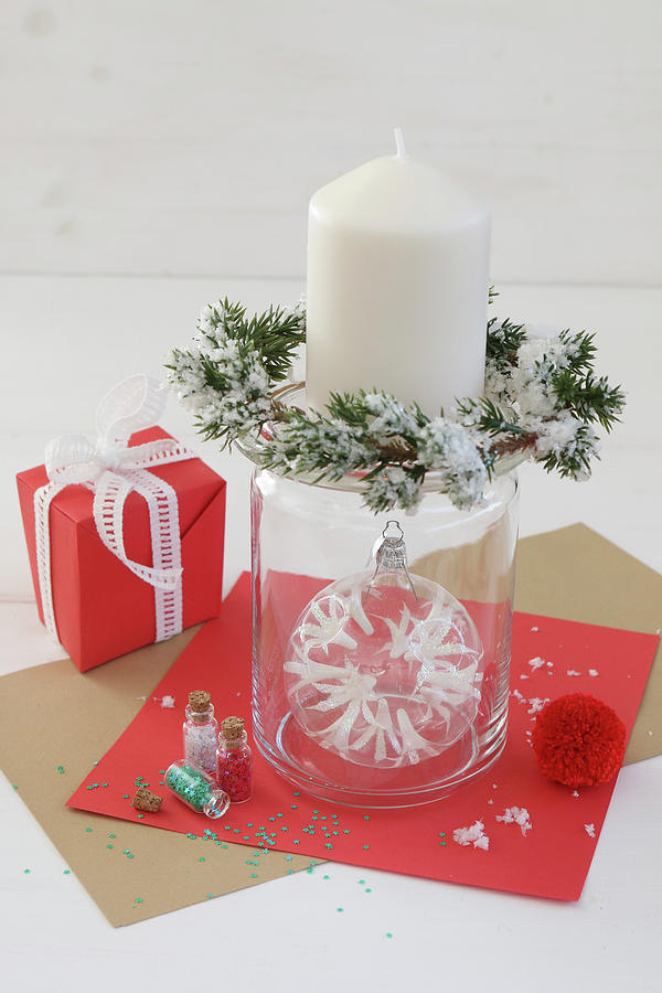 Candlestick Made From Glass Jar With Wreath Of Fir And Christmas-tree Bauble Photograph by Regina Hippel