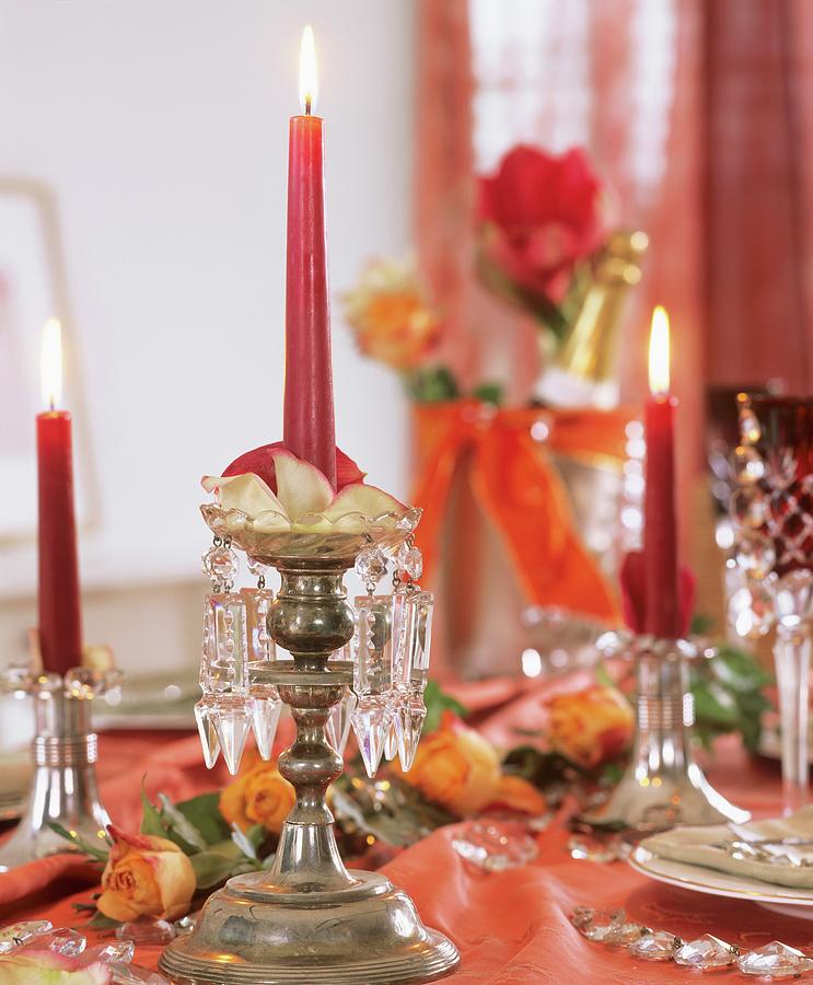 Candlestick With Crystal Hangings, Rose Petals & Candle Photograph by Strauss, Friedrich