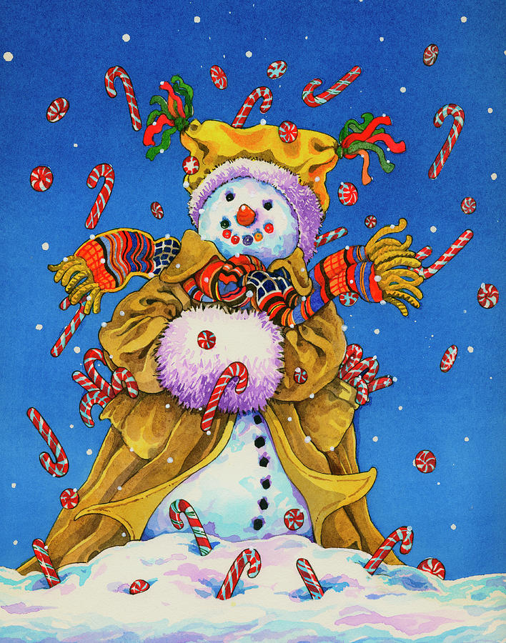 Candy Cane Snowman Painting by Wendy Edelson