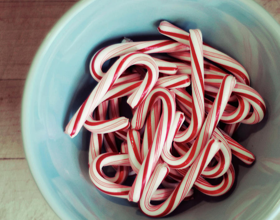 Candy Canes In Blue Bowl Photograph by Lisa Sieczka