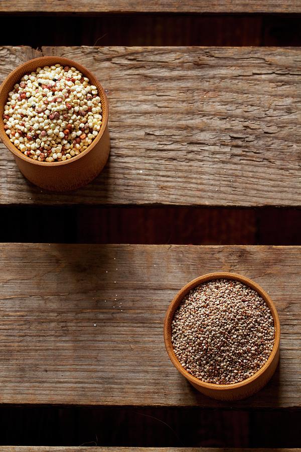 Canihua And Quinoa In Wooden Bowls Photograph by Chaudron Pastel