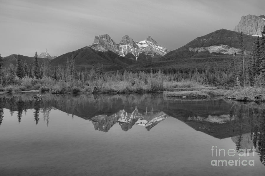 Canmore Alberta Glowing Mountain Peaks Black And White Photograph by Adam Jewell