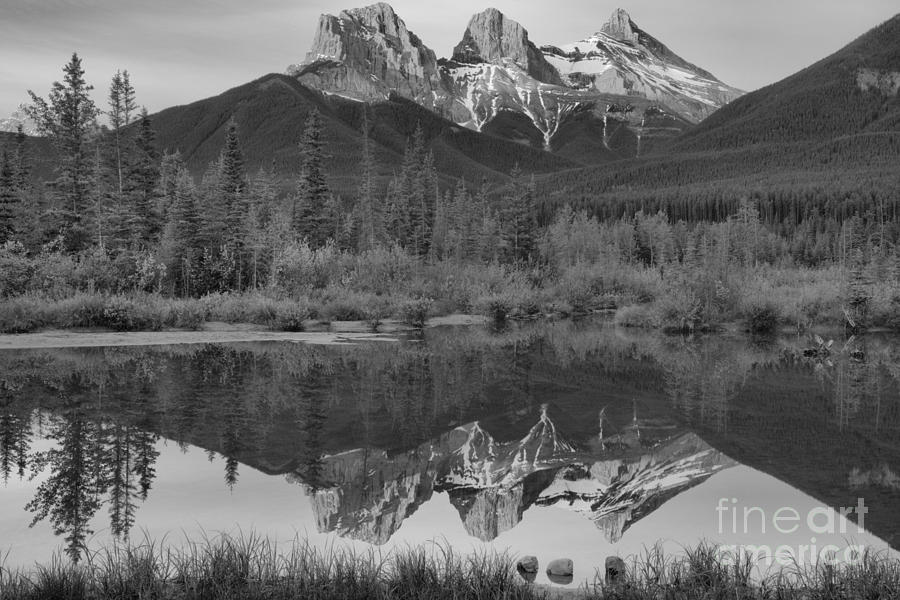Canmore Alberta Three Sisters Sunrise Black And White Photograph by Adam Jewell