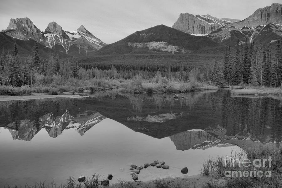 Canmore Sunrise Reflections Landscape Black And White Photograph by Adam Jewell