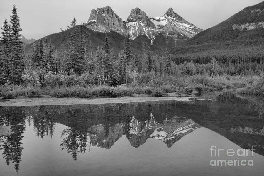 Canmore Thre Sisters Perfect Reflections Black And White Photograph by Adam Jewell