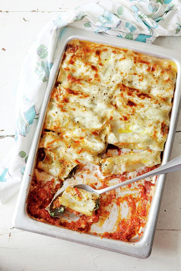 Cannelloni, Topped With Cheese Sauce And Baked Photograph by Ulrika Ekblom