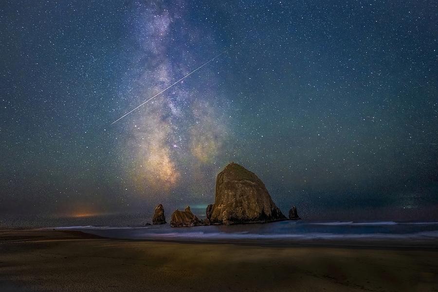 Beach Photograph - Cannon Beach Milky Way Meteor by John R Huang