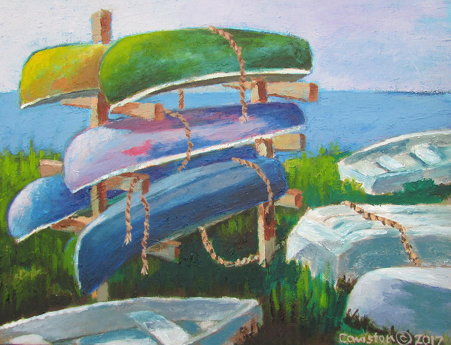 Eagles Mere Canoe  Rack Painting by Tony Caviston