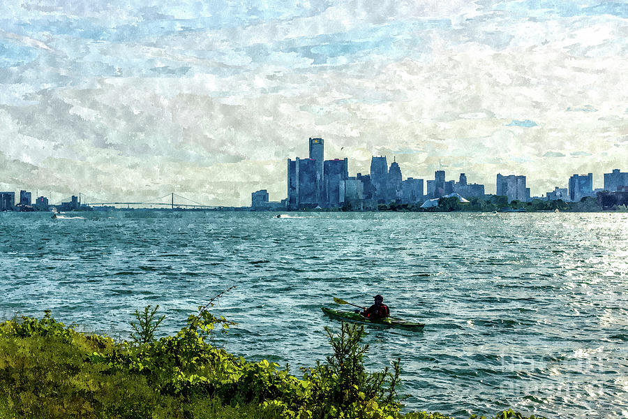 Canoeing Detroit Skyline Painterly Mixed Media by Jennifer White