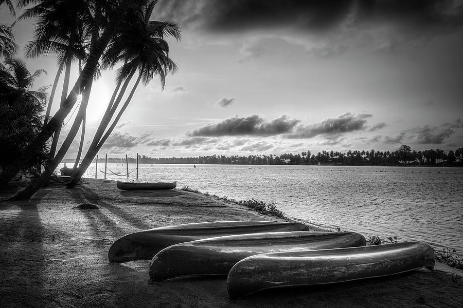 Canoes at Sunrise in Black and White Photograph by Debra and Dave Vanderlaan