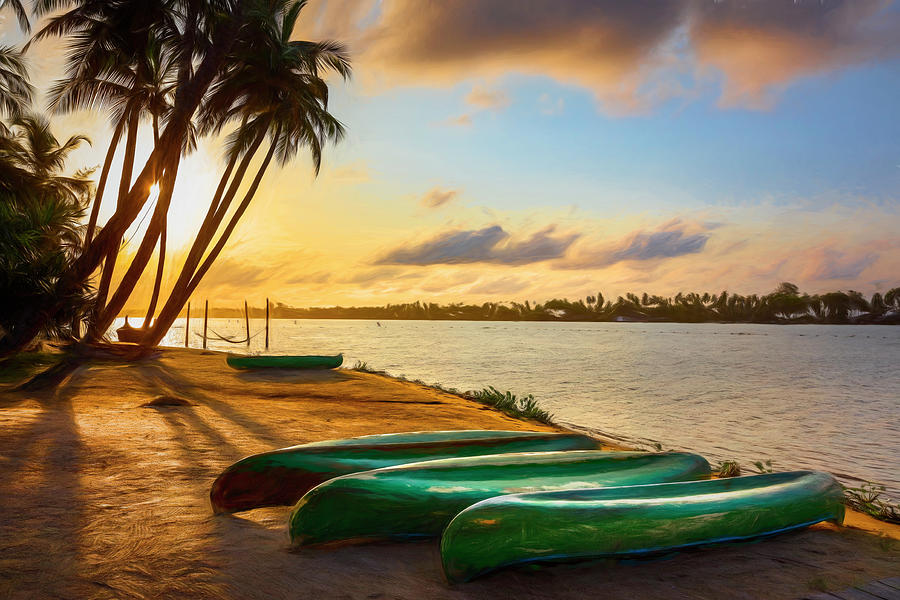 Canoes at Sunrise Painting Photograph by Debra and Dave Vanderlaan