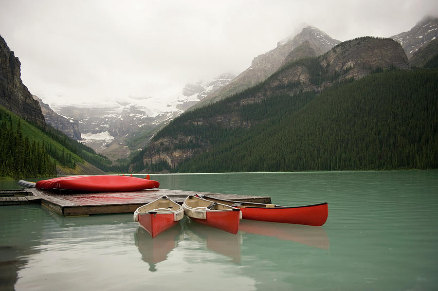 Canoes On Lake Louise, Banff National Photograph by Fstop Images - Brian Caissie