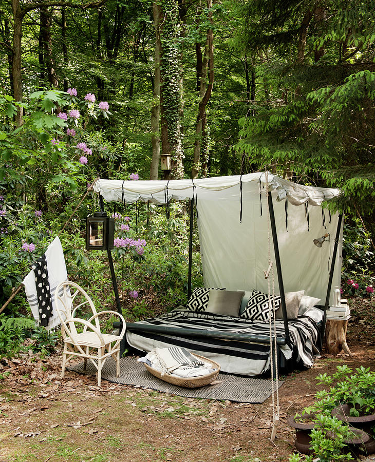 Canopy Bed With Black-and-white Accessories In Woodland Clearing Photograph by James Stokes