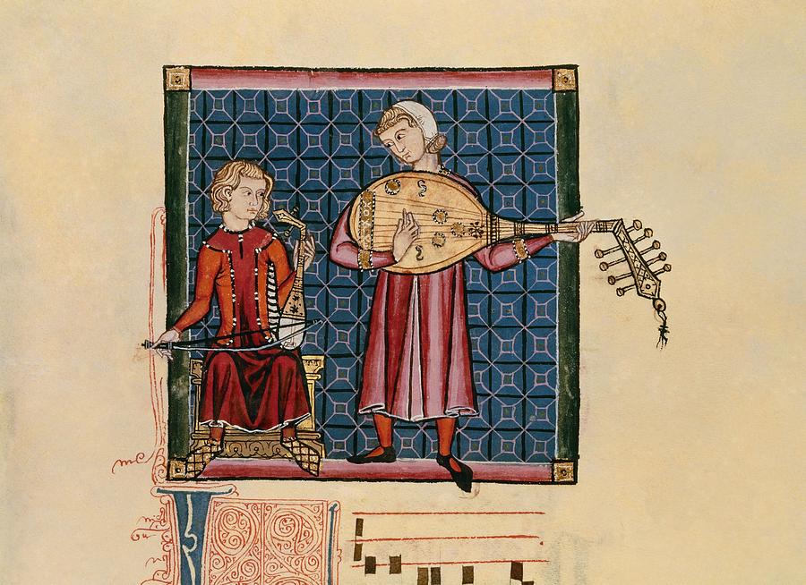 Cantigas De Santa Maria Codex Of The Musicians, Arabic Rabel And Laud - Miniature 13th Century. Drawing by Alfonso X of Castile the Wise -1221-1284-