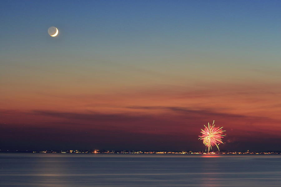 Cape Cod Bay Crescent Moon and Fireworks Photograph by John Burk