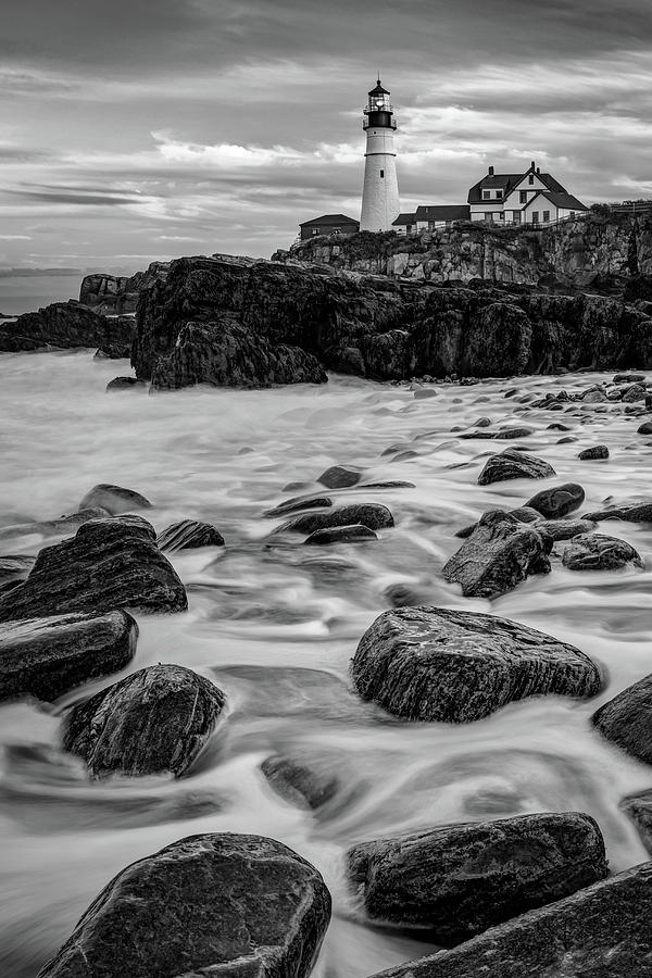 Black And White Photograph - Cape Elizabeth and Portland Head Light in Black and White by Gregory Ballos