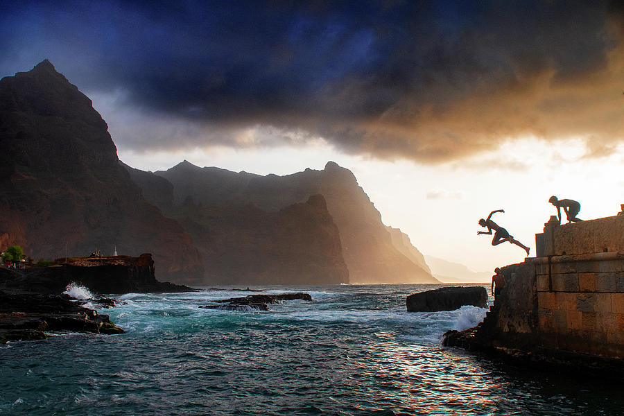 Cape Verde, Island Santo Antao, Landscapes, Mountains, Ocean, Coastline, Boys Diving, Sunset Photograph by Lode Greven Photography