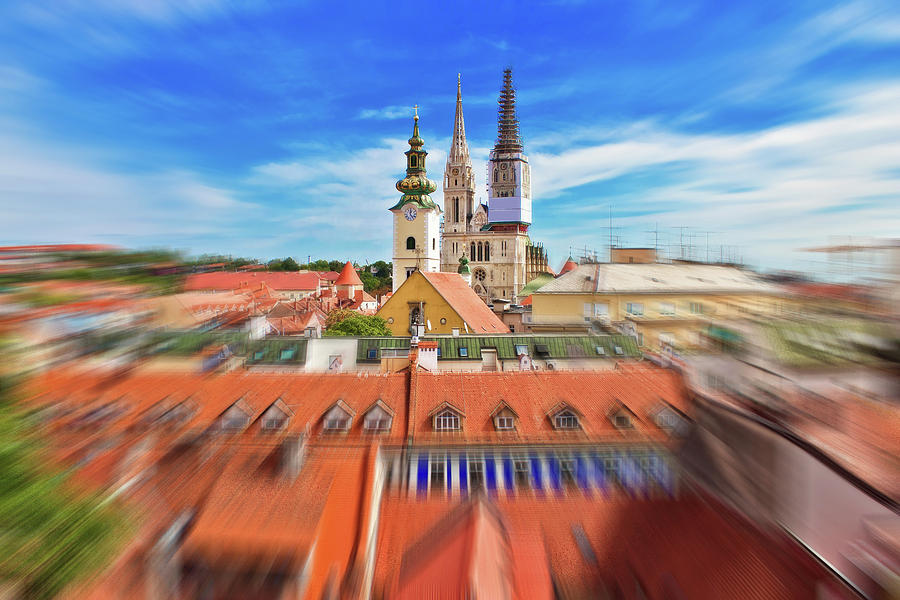 Capital of Croatia Zagreb cathedral radial blur view from upper  Photograph by Brch Photography