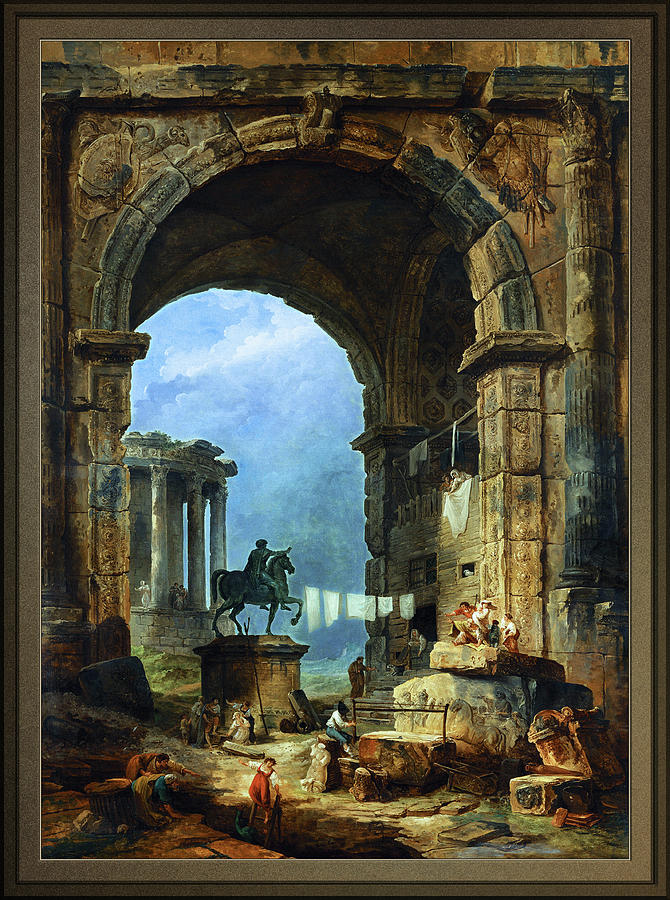 Capriccio of Roman Ruins and a Statue of Marcus Aurelius by Hubert Robert Painting by Rolando Burbon