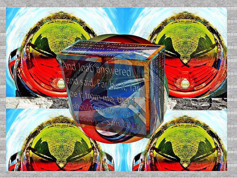 Car hood reflection cylinder little planet as art with text as a box Digital Art by Karl Rose