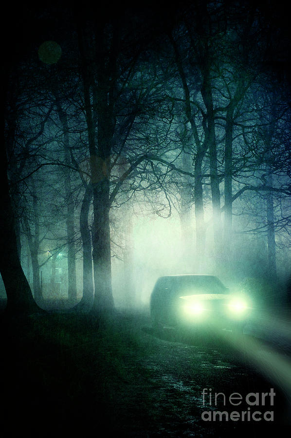 Car In A Forest At Night With Headlights In Fog  Photograph by Lee Avison