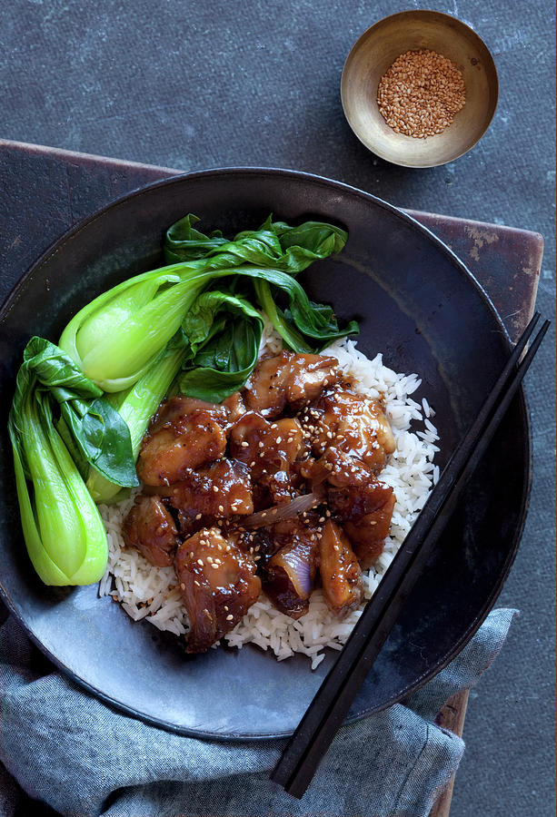 Caramel Chicken Wit Rice And Asian Greens Photograph by Louise Hammond