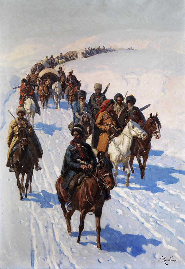 Caravan Advancing Through the Snow, Cossacks Painting by Franz Roubaud ...