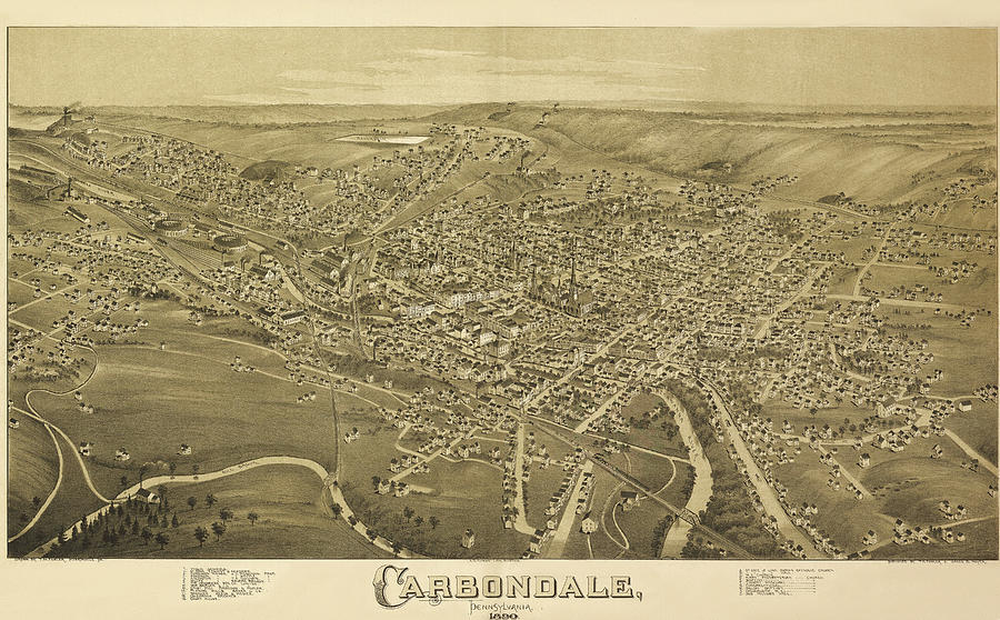 Carbondale Pennsylvania 1890 Antique Birdseye Map Drawing by History ...