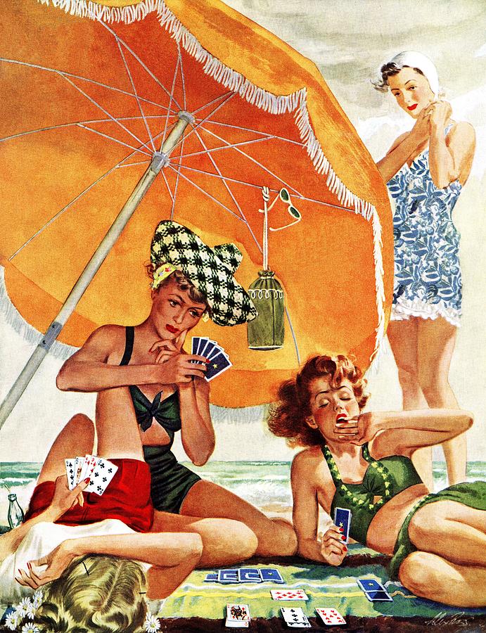 Beach Drawing - Card Game At The Beach by Alex Ross