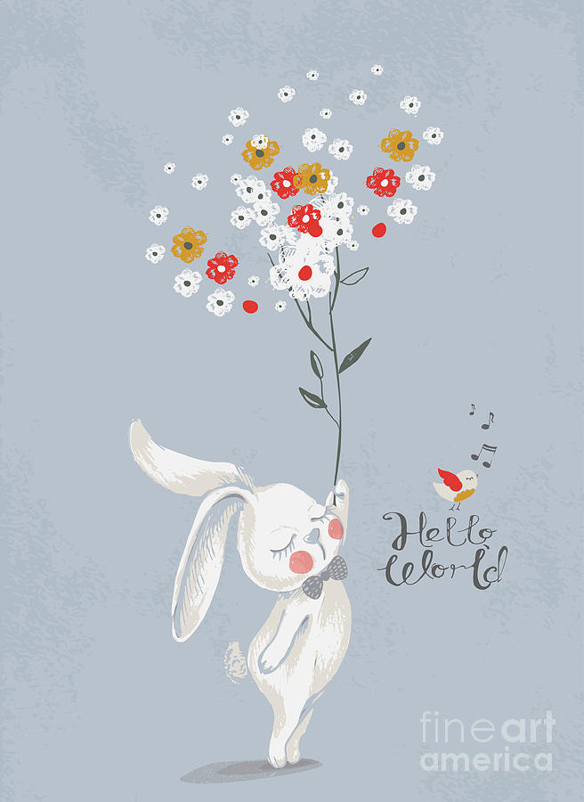 Gift Digital Art - Card With Cute Rabbitbunny by Eteri Davinski