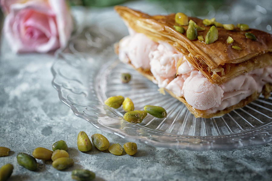 Cardamon And Rose Ice Cream With Pistachio In A Baklava Shell Photograph by Kirstie Young